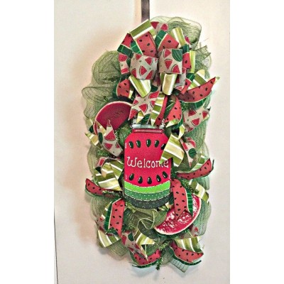 Welcome Mason Jar Watermelon Summer Deco Mesh Swag Wreath - Handmade   153105051790